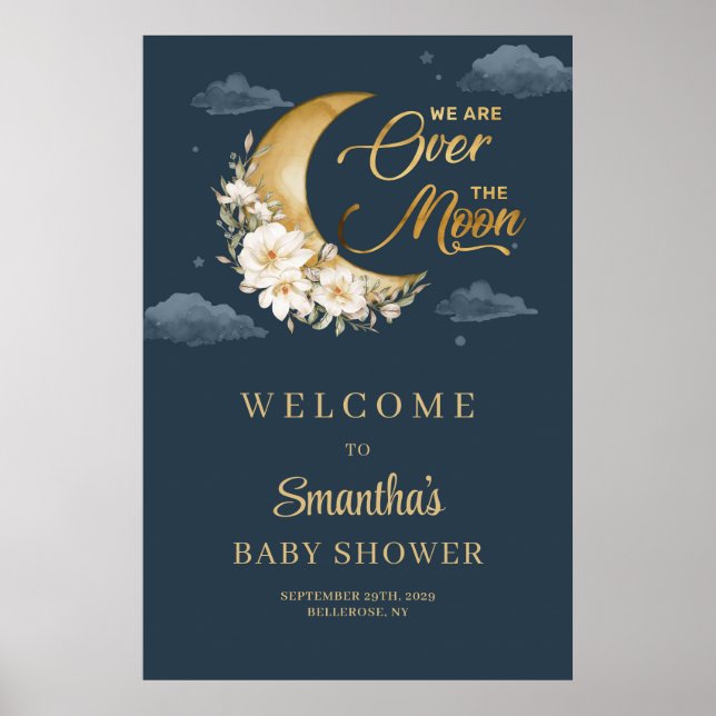 Poster Boho marine et or lune Baby shower floral Bienvenu (Devant)