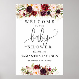 Poster Boho marsala baby shower fleuri signe de bienvenue