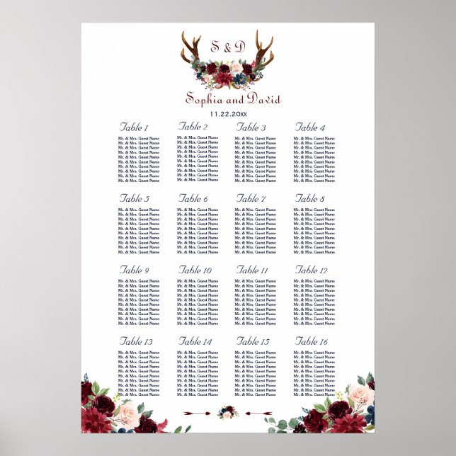 Poster Boho Merlot Marine Blue Floral Antlers (Devant)