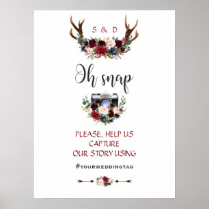 Poster Boho Merlot Marine Blue Floral Antlers Mariage