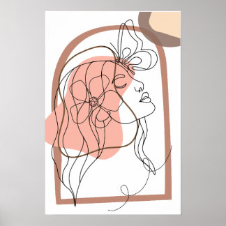 Poster Boho Minimaliste Line art, Femme avec fleur