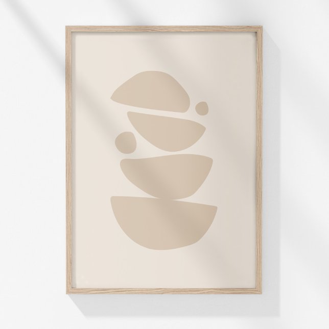Poster Boho Moderne Muted Beige Neutral Bowls Art Abstrai (Boho Modern Muted Beige Neutral Bowls Abstract Art Poster in a neutral wooden frame on a sunny wall.)