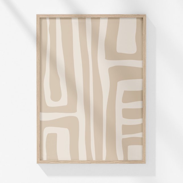 Poster Boho Moderne Muted Beige Neutre Art Abstrait (Boho Modern Muted Beige Neutral Abstract Art Poster in a neutral wooden frame on the wall.)