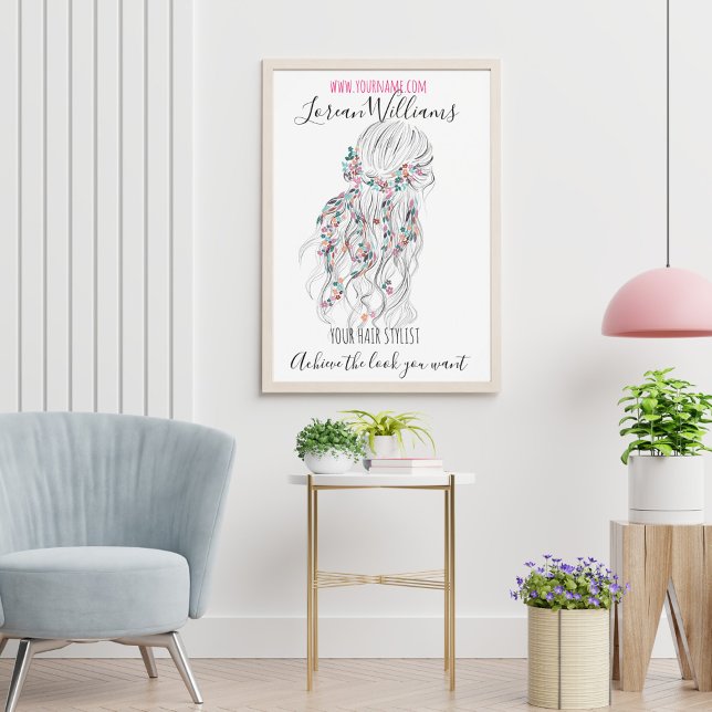 Poster Boho moderne noir blanc Wavy Style cheveux floral (Créateur téléchargé)