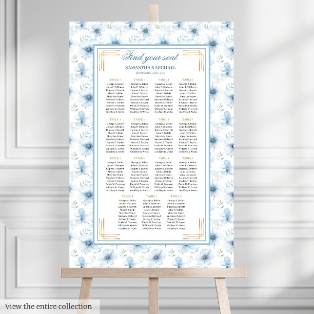Poster Boho moderne Pastel Blue Gold Parties scintillant  (Modern Boho Pastel Blue Gold Glitter Seating Chart)