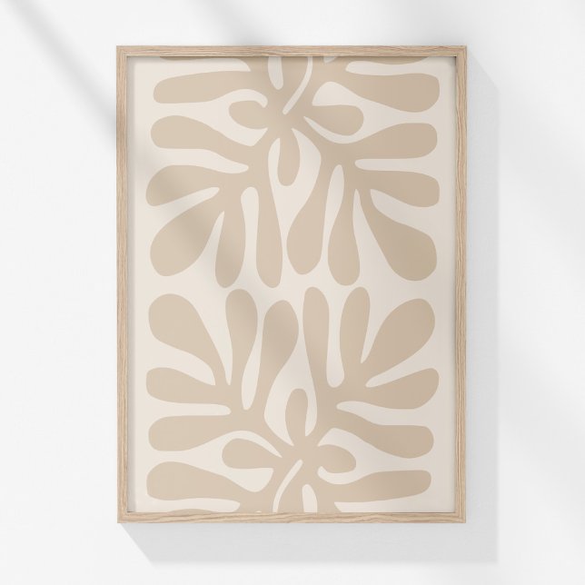 Poster Boho Muted Beige Neutral Botanical Art Abstrait (Boho Muted Beige Neutral Botanical Abstract Art Poster in a wooden frame on a sunny white wall.)