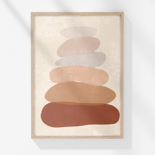 Poster Boho Muted Neutre Abstrait Stones Zen Art (Boho Muted Neutral Abstract Zen Stones Art Poster in a wooden frame on a sunny white wall.)