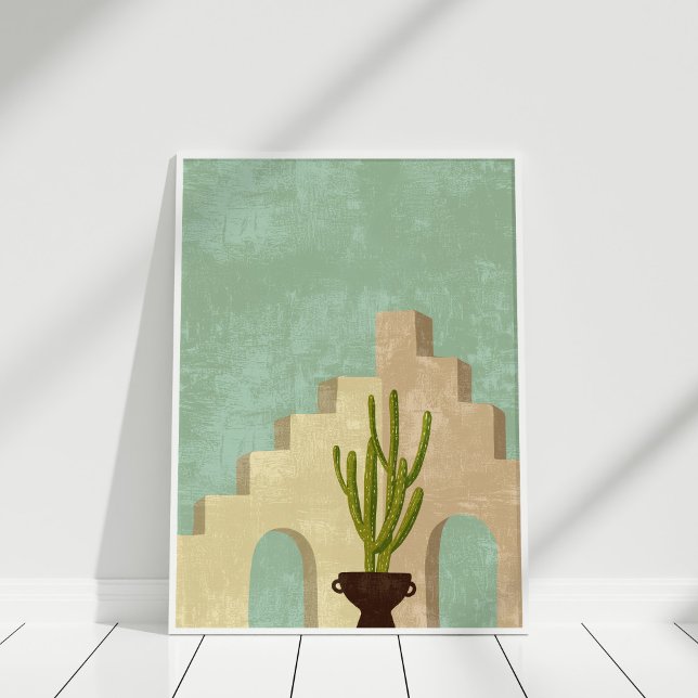 Poster Boho Neutre et Turquoise Abstrait Illustration Art (Boho Neutral and Teal Abstract Illustration Art Poster in white frame against white wall.)