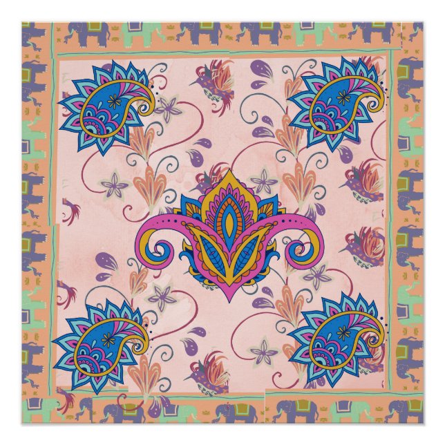Poster Boho paisley and elephant pattern_lmandala artwork (Devant)