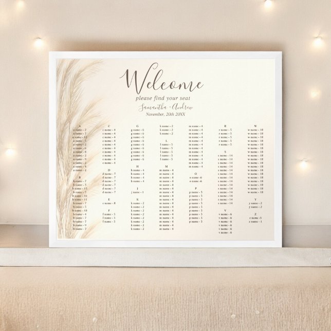 Poster Boho pampas herbe aquarelle mariage sièges (Boho pampas grass watercolor wedding seating poster)