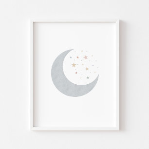 Poster Boho pastel lune et étoiles bleu imprimé