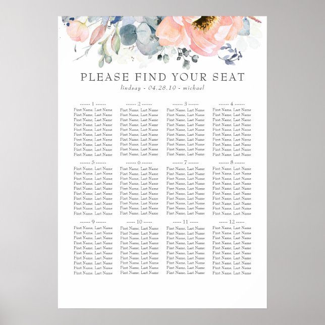 Poster Boho Peach Floral Dusty Blue Mariage Chart (Devant)