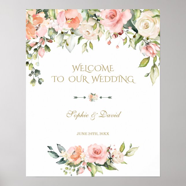 Poster Boho Pink Cream Flowers Welcome Mariage Sign (Devant)