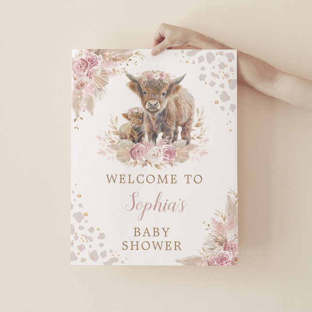 Poster Boho Pink Highland Vache bébé fille Douche Bienven (Créateur téléchargé)