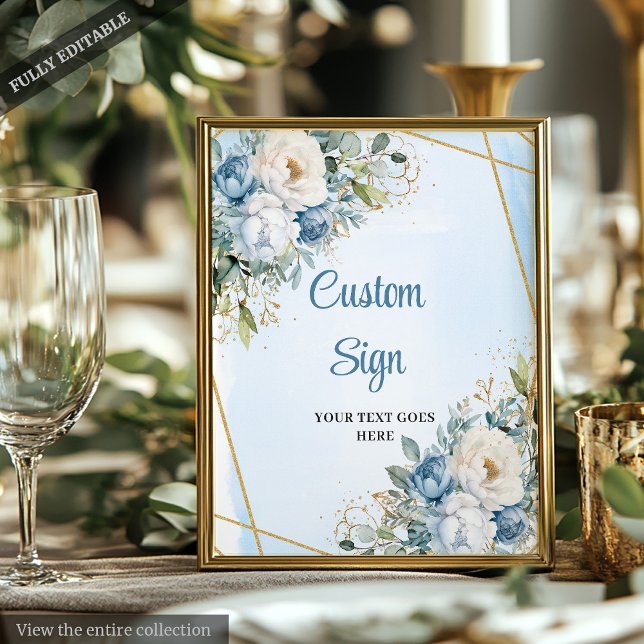 Poster Boho Poussiéreux Bleu Eucalyptus Doré Paillettes P (Boho Dusty Blue Eucalyptus Gold Glitter Custom Sign)
