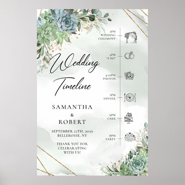 Poster Boho Poussiéreux Succulentes vert mariage or Timel (Devant)