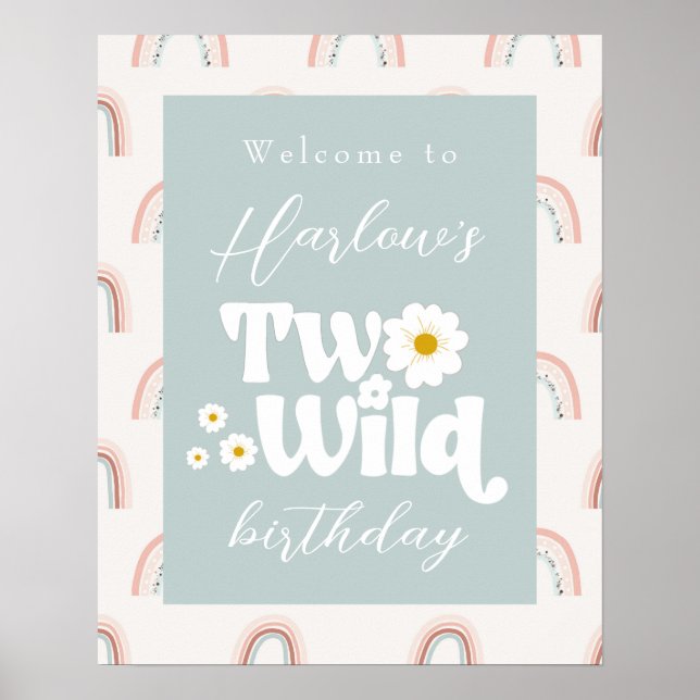 Poster Boho Rainbow Daisy Two Wild 2nd Birthday Welcome (Devant)