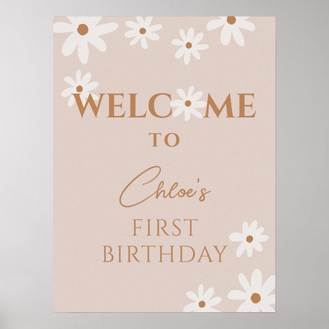 Poster Boho Retro Brown Daisy Girl Birthday Welcome (Devant)