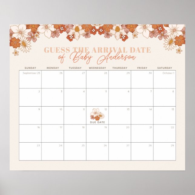 Poster Boho Retro Floral Baby Devinez Le Calendrier De Da (Devant)