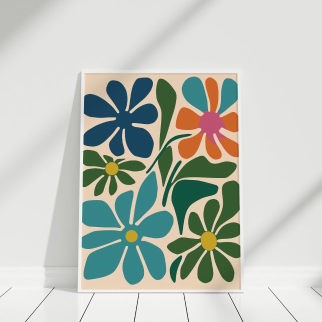 Poster Boho Retro Super Fleur Marché Wall Art (Boho Retro Groovy Flower Market Wall Art in a white frame on the wooden floor.)