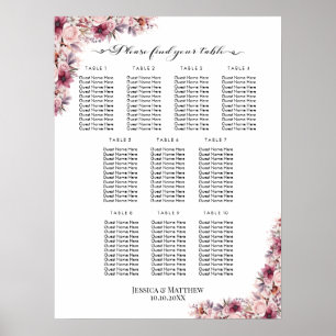 Poster Boho Rose Dusty Floral 10 Tables Siège Mariage