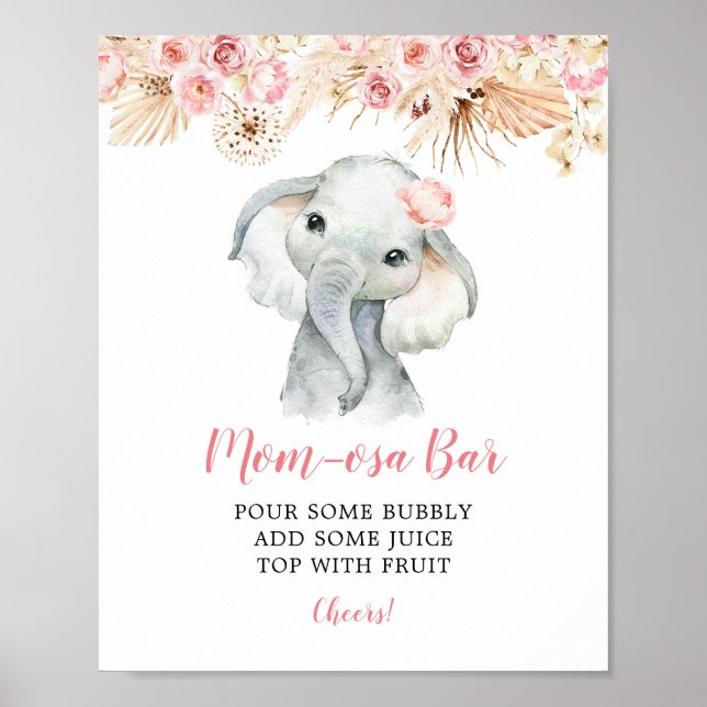Poster Boho rose Elephant Girl Baby shower Mom-osa Bar (Devant)