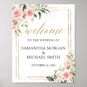 Poster Boho rose floral or mariage signe de bienvenue