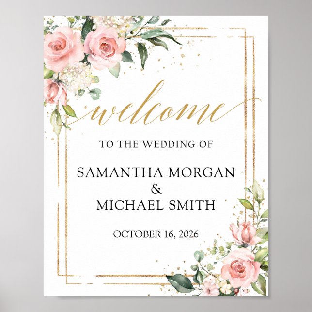 Poster Boho rose floral or mariage signe de bienvenue (Devant)