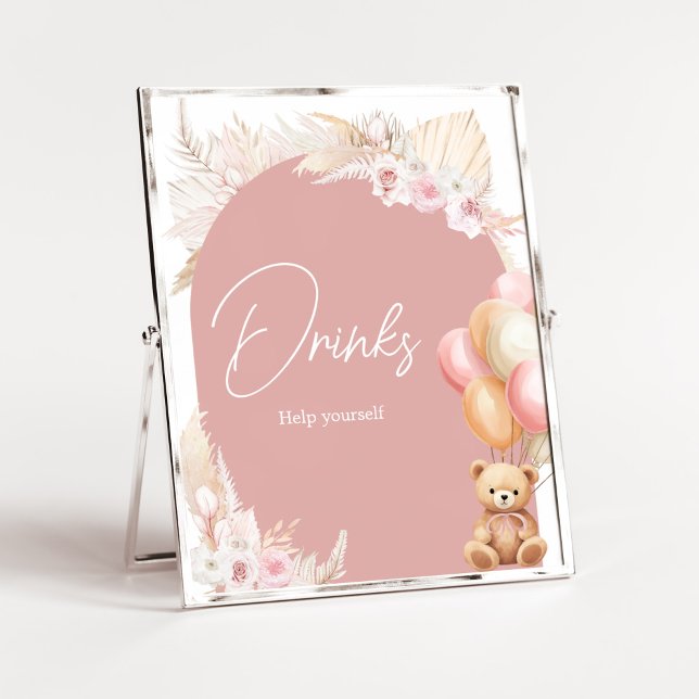 Poster Boho rose Ours Balloon Baby shower Boissons (We Can Bearly Wait Baby Shower Drinks Sign)