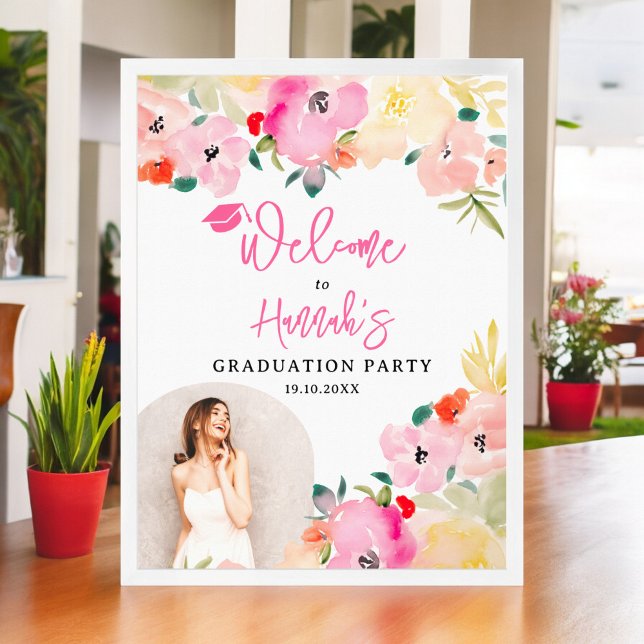 Poster Boho rose printemps jardin fleuri bienvenue (Spring pink boho garden floral graduation welcome poster)