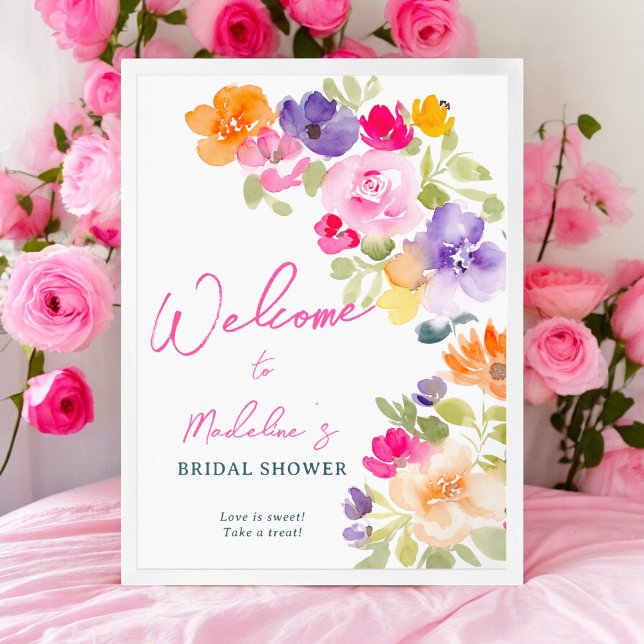 Poster Boho rose vif douche nuptiale fleurie bienvenue (Boho bright pink floral bridal shower welcome poster)