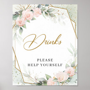 Poster Boho roses rose poussiéreux cadre or eucalyptus Bo