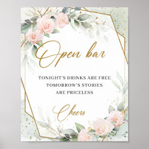 Poster Boho roses rose rousse verdure cadre or ouvert bar