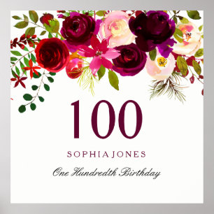 Poster Boho rouge Bourgogne 100e fête d'anniversaire
