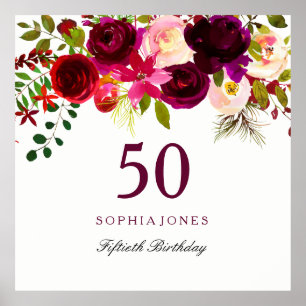 Poster Boho rouge Bourgogne 50e fête d'anniversaire