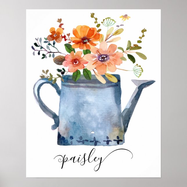 Poster Boho Rust Orange Aquarelle Fleurs Arrosage Can (Devant)
