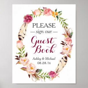 Poster Boho Rustique Floral Wreath Guides Mariage