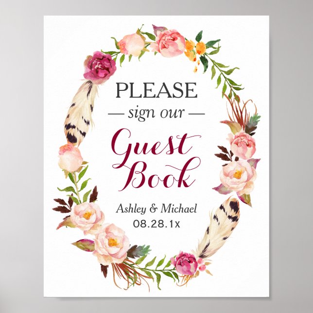 Poster Boho Rustique Floral Wreath Guides Mariage (Devant)