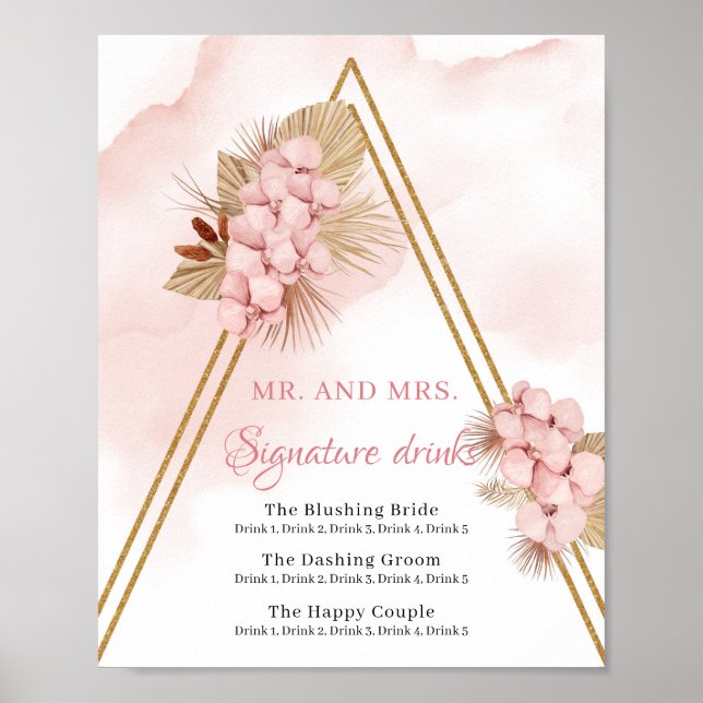 Poster Boho séché Palm Feuilles Blush rose Signature Bois (Devant)