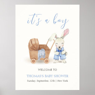 Poster Boho Stroller Rabbit Baby shower garçon Bienvenue