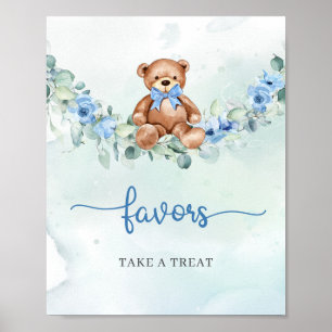 Poster Boho Teddy ours bleu floral eucalyptus faveurs