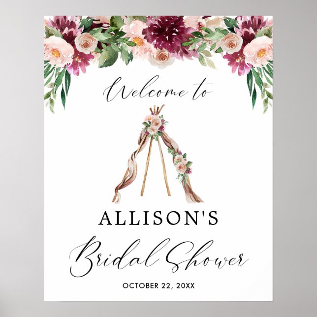 Poster Boho teepee fleuri signe de bienvenue (Devant)