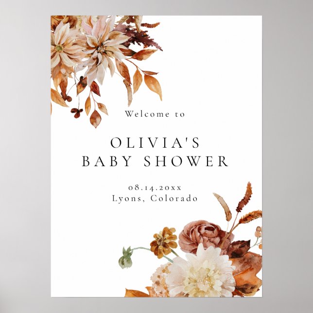 Poster Boho Terracotta Fall Floral Baby shower Bienvenue (Devant)