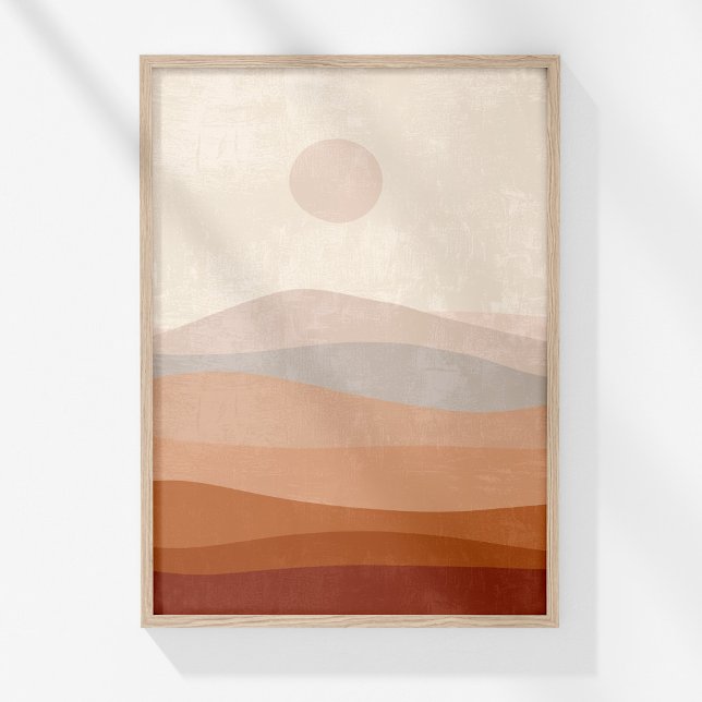 Poster Boho Terracotta Neutral Paysage Abstrait Art (Boho Terracotta Neutral Abstract Landscape Art Poster in a wooden frame on a sunny white wall.)