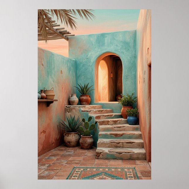 Poster Boho Turquoise Desert Courtyard, Rustic Staircase  (Devant)
