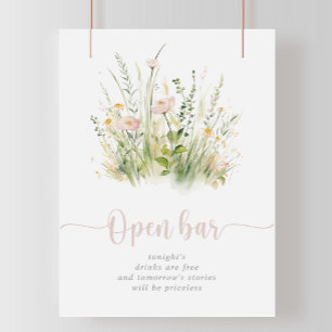 Poster Boho vert Fleur sauvage Mariage Open Bar Sign