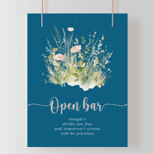 Poster Boho vert Fleur sauvage Marine Mariage Open Bar