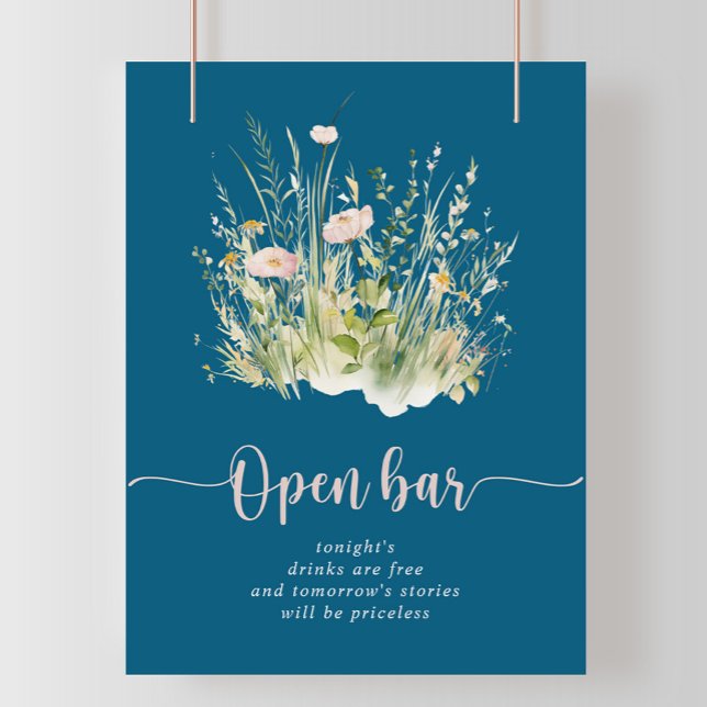 Poster Boho vert Fleur sauvage Marine Mariage Open Bar (Créateur téléchargé)