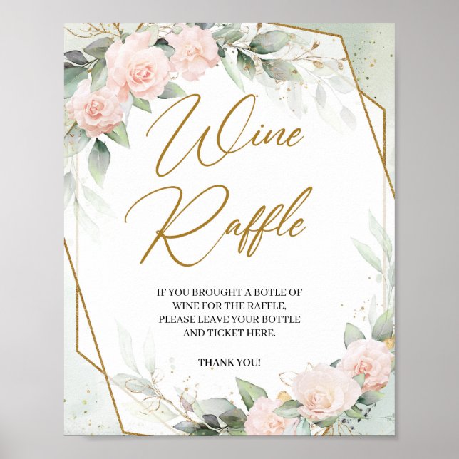 Poster Boho vert floral brun cadre or Vin Raffle (Devant)