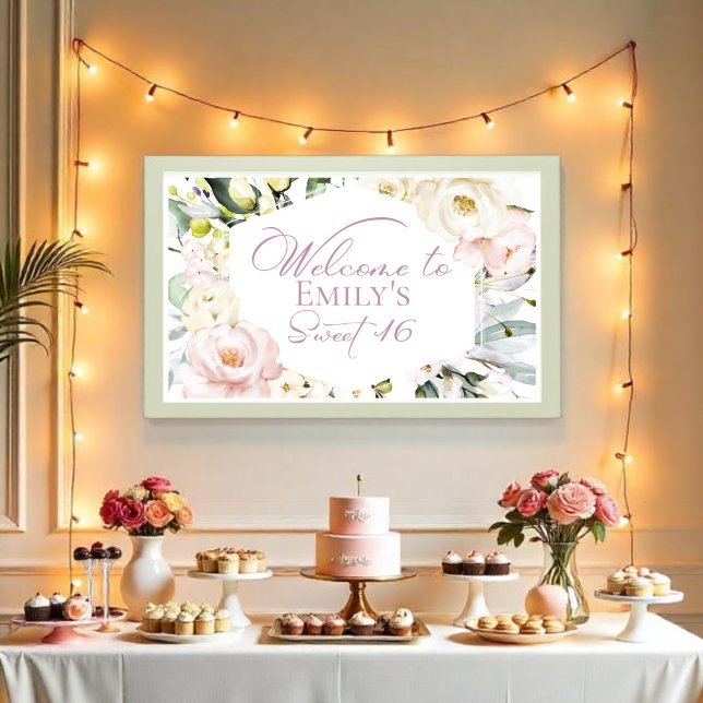 Poster Boho Vert Floral Frame Sweet 16 Welcome Banner (Créateur téléchargé)